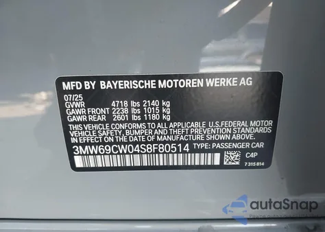 2025 BMW 330I from USA, damaged, VIN 3MW69CW04S8F80514